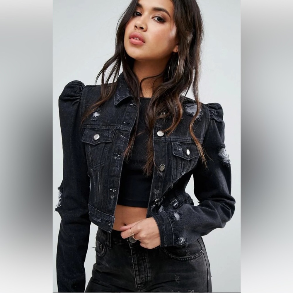 BOOHOO PUFF SLEEVE CROPPED DENIM JACKET SIZE 6